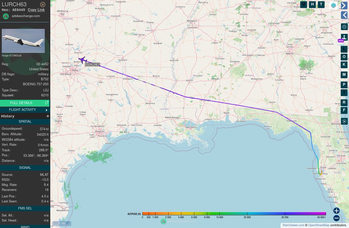 Not too often do you see these guys broadcasting ADS-B.  US Air Force C-32B Gatekeeper #AE0449 as LURCH63 out of MacDill AFB, FL.
