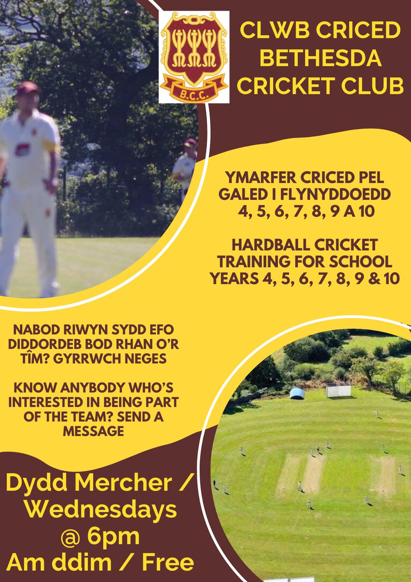 Bethesda CC (@cricedbethesda) on Twitter photo 🏏🏏
Sesiynau criced pel galed i tîmau dan 11 (blynyddoedd ysgol 4, 5 a 6) a tîm dan 13 (blynyddoedd ysgol 7 a 8) yn parhau bob nos Fercher am 6yh.
Croeso i chwaraewyr newydd 👍🏻
<a href="/YsgLlanllechid/">Ysgol Llanllechid</a> <a href="/PenybrynPesda/">Ysgol Pen-y-bryn</a> <a href="/YsgolAc/">Ysgolion Pen-y-bryn ac Abercaseg</a> <a href="/chwaraeonydo/">A.G DYFFRYN OGWEN</a> <a href="/YsgolTregarth/">Ysgol Tregarth</a> <a href="/YsgolBodfeurig/">Ysgol Bodfeurig</a> <a href="/YsgolRhiwlas/">Ysgol Rhiwlas</a> 🏏🏏
Sesiynau criced pel galed i tîmau dan 11 (blynyddoedd ysgol 4, 5 a 6) a tîm dan 13 (blynyddoedd ysgol 7 a 8) yn parhau bob nos Fercher am 6yh.
Croeso i chwaraewyr newydd 👍🏻
<a href="/YsgLlanllechid/">Ysgol Llanllechid</a> <a href="/PenybrynPesda/">Ysgol Pen-y-bryn</a> <a href="/YsgolAc/">Ysgolion Pen-y-bryn ac Abercaseg</a> <a href="/chwaraeonydo/">A.G DYFFRYN OGWEN</a> <a href="/YsgolTregarth/">Ysgol Tregarth</a> <a href="/YsgolBodfeurig/">Ysgol Bodfeurig</a> <a href="/YsgolRhiwlas/">Ysgol Rhiwlas</a>