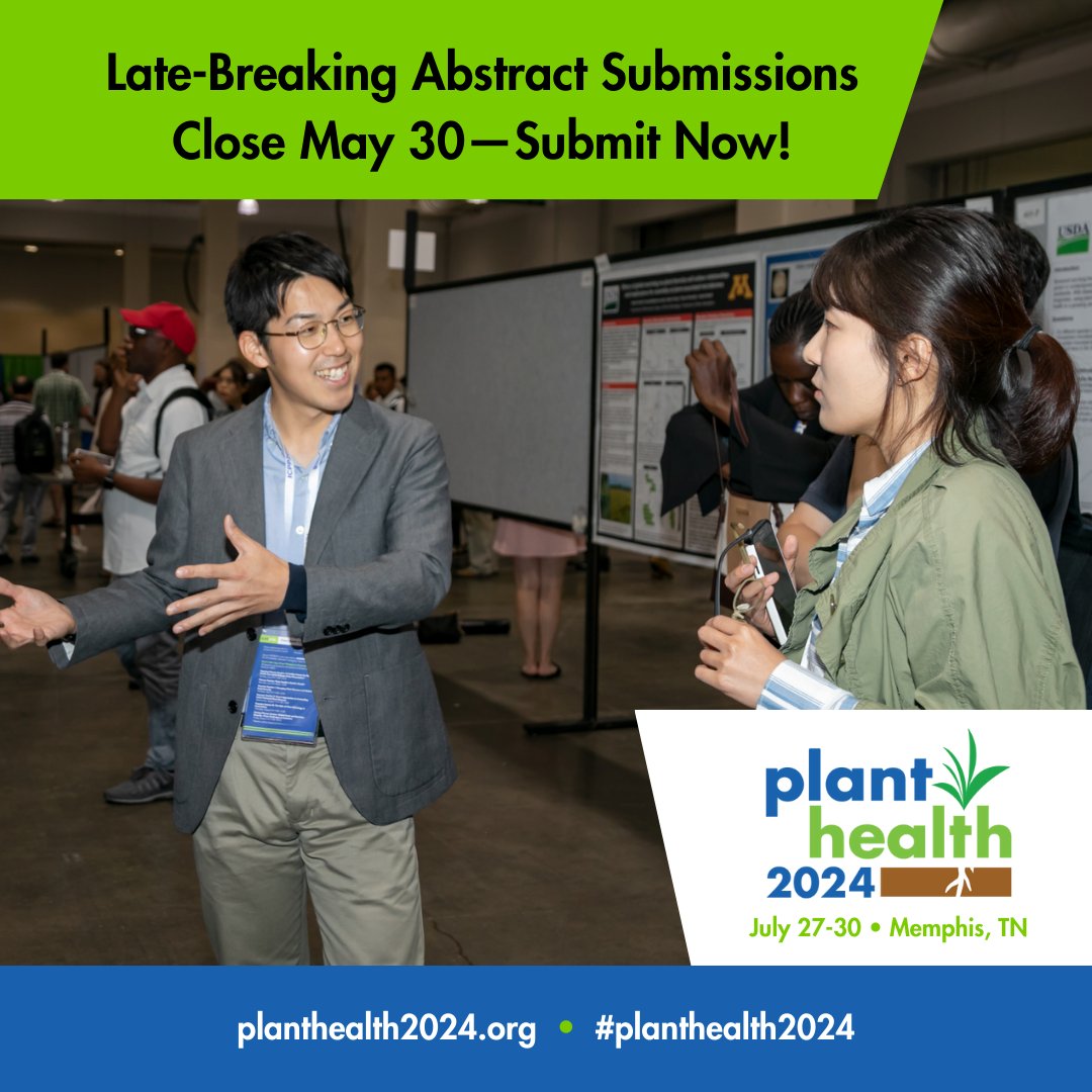 plantdisease's tweet image. There is still time to contribute your research to #PlantHealth2024! Now accepting late-breaking abstract submissions for poster presentation only. The deadline is May 30. 

Submit early and start planning your trip to Memphis: bit.ly/42ncCpD

#abstractsubmissions