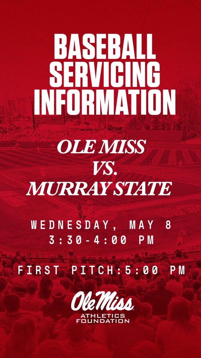 Today's baseball servicing information‼️ 🗓️ Wednesday, May 8 🚨@OleMissBSB v. Murray State 🏟️ Servicing: 3:30-4:00 PM ⚾️ First Pitch: 5:00 PM