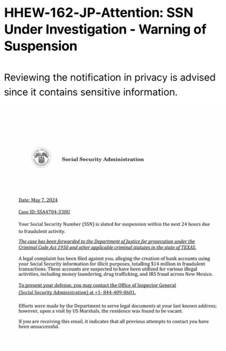 #Blugolds this scam email is be distributing around Eau Claire. The SSA will never call you, email you or threaten  you for money. Please report and delete the email. 601