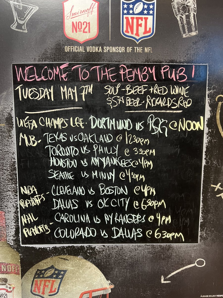 The Pemby opens for lunch at 11:30am today. Soup is Beef with Red Wine stew.  Join us for @ChampionsLeague semi final at noon @MLB @BlueJays at 3:30pm #NBAPlayoffs double header at 4pm #StanleyCupPlayoffs double header at 4pm #pembypub #NorthVan #yourteamplaysatthepemby