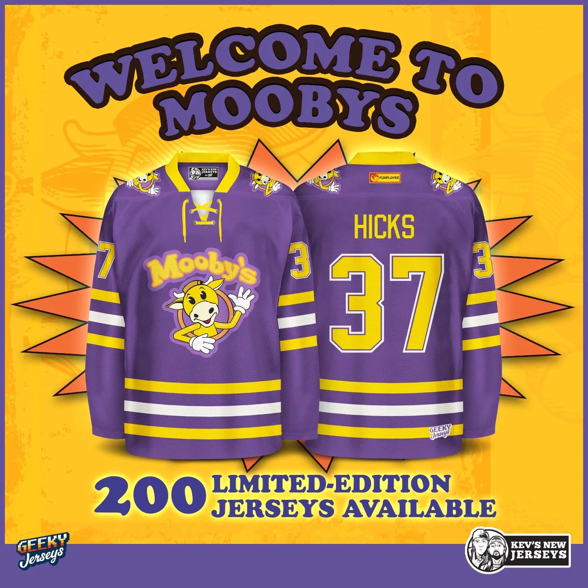 Show your love for the Golden Calf with this limited-edition Mooby's Hicks Jersey from @GeekyJerseys! Each handmade jersey has a uniquely numbered tag, sewn-in stripes, plus a cut and stitched name HICKS & your favorite number 37 snoogans! Shop Now before they're all gone! ➡️