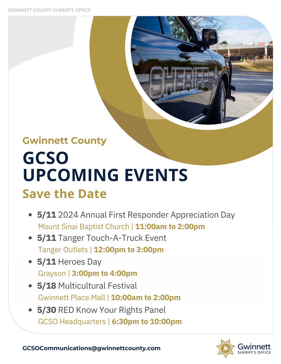 The Gwinnett County Sheriff’s Office will be attending the following upcoming events. We hope to see you there.