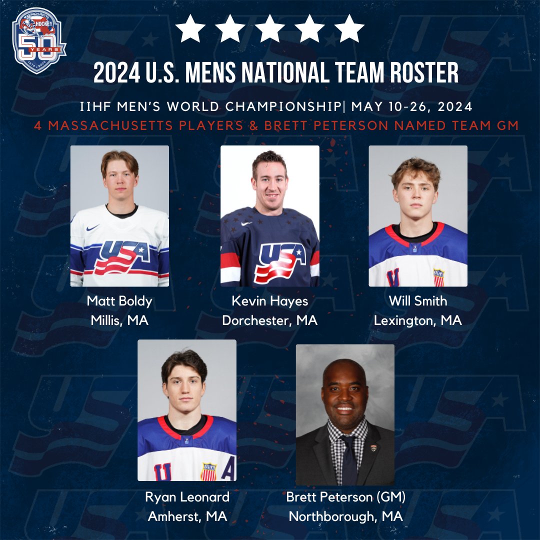 Best of luck to Team USA at the #MensWorlds! Proud to see 4 players hailing from Massachusetts on the 2024 U.S. Men's National Team, alongside General Manager Brett Peterson. #MassProud 🇺🇸
