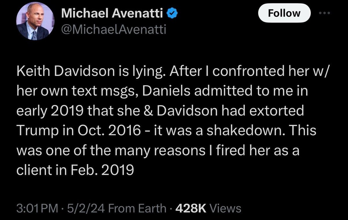 Michael Avennatti says Stormy🐽Daniel's admitted to him in early 2019 that she and Keith Davidson extorted President Trump in October 2016. It was a SHAKEDOWN‼️ #TrumpTrial 🤬 #WitchHunt🖕 #TrumpIsInnocent 💯 #StormyDaniels 🐽 #DonaldTrump ❤️🤍💙 #Trump2024 🇺🇲