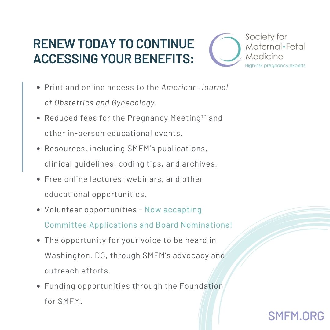 It's time to renew your #SMFM membership for the 2024-2025 cycle. Renew your membership by May 31 to continue accessing the latest educational offerings, clinical guidelines and research, and stay connected with MFMs and other practitioners worldwide! smfm.org/login