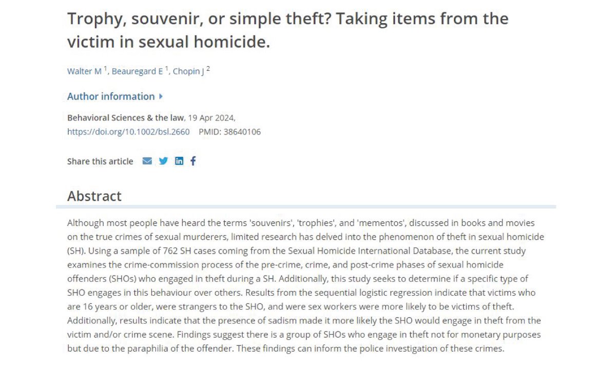 Check out this fascinating research by MA student @meganwalter, professor Eric Beauregard and adjunct professor @ChopinJulien2 on the phenomenon of theft in sexual homicide. ow.ly/bZS550RwhXW #SFUCriminology #Research