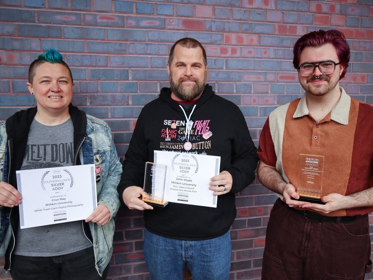 Millikin School of Art and Creative Media students, (from left to right) Crux May, John Wyatt and Noct McCormick, were recognized at the region-level American Advertising Awards (ADDY)! Read more at ow.ly/O1S850RyO4W