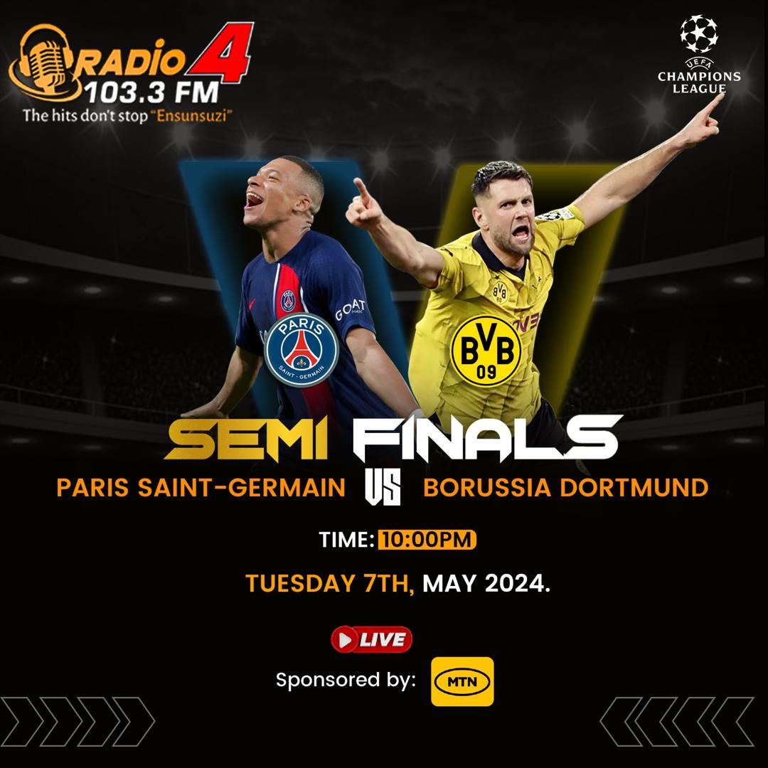 Live Commentary at 103.3FM @Radio4UG with @coachramoslive X @samorabenard1 GIVEAWAY: PREDICT THE TWO FINALISTS WITH SCORES & WIN JERSEYS | 30K PSG vs Dortmund ? Real Madrid vs Bayern Munich ? To Win, #Retweet #Follow #Tag3frnds Pwd by @mtnug EFRIS #LockHimUp #PSGBVB #RMAFCB
