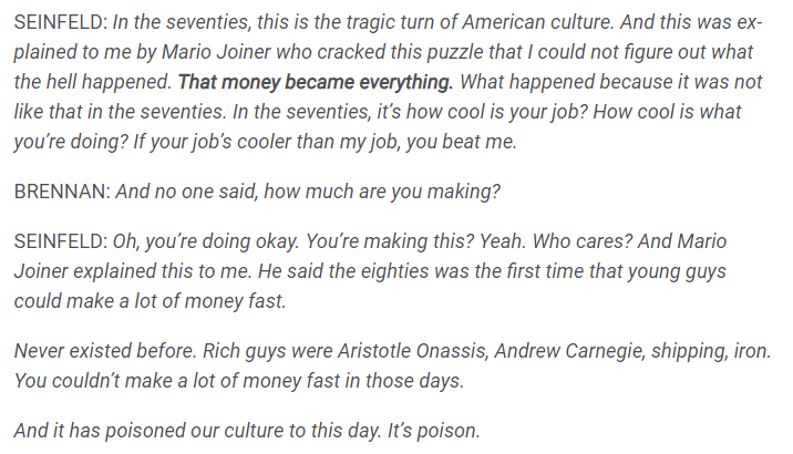 awealthofcs's tweet image. Jerry Seinfeld on when money became everything:

awealthofcommonsense.com/2024/05/seinfe…