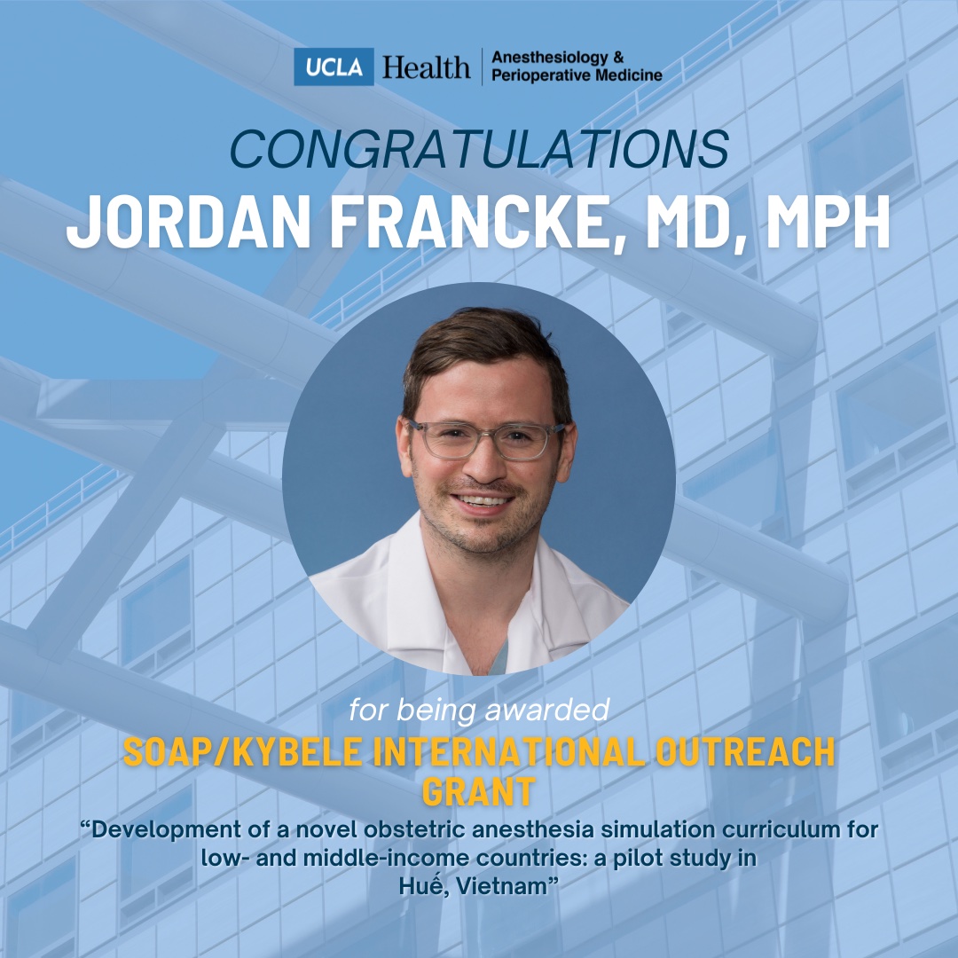 Congratulations to PGY-4 | CA-3 Resident Physician, Dr. Jordan Francke, on being selected as one of two recipients of the SOAP/Kybele International Outreach Grant at the Society for Obstetric Anesthesia and Perinatology Annual Meeting! 🎉