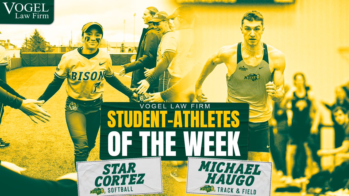 Congratulations to our Vogel Law Firm Student-Athletes of the Week! 🥎 Star Cortez | Fr. | Moreno Valley, CA | @NDSUsoftball 🏃‍♂️ Michael Haugo | Fr. | Moorhead, MN | @NDSUTrackField