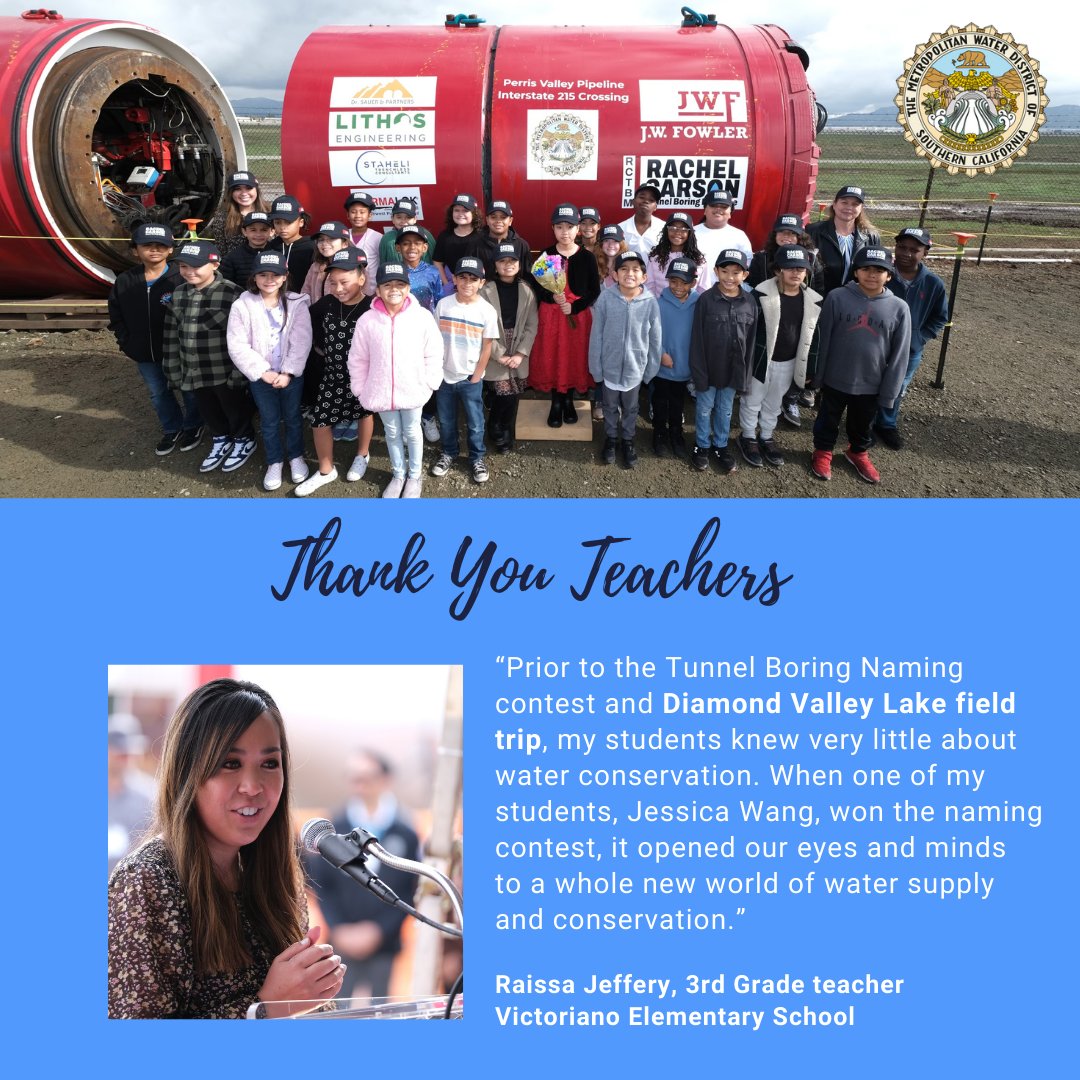 Over the 40 yrs of sharing our water education prgm with #SoCal, we've had the honor of working with many teachers, including Victoriano Elementary School's Raissa Jeffery. Thx teachers, for inspiring your students to learn more about water conservation. #TeacherAppreciationWeek
