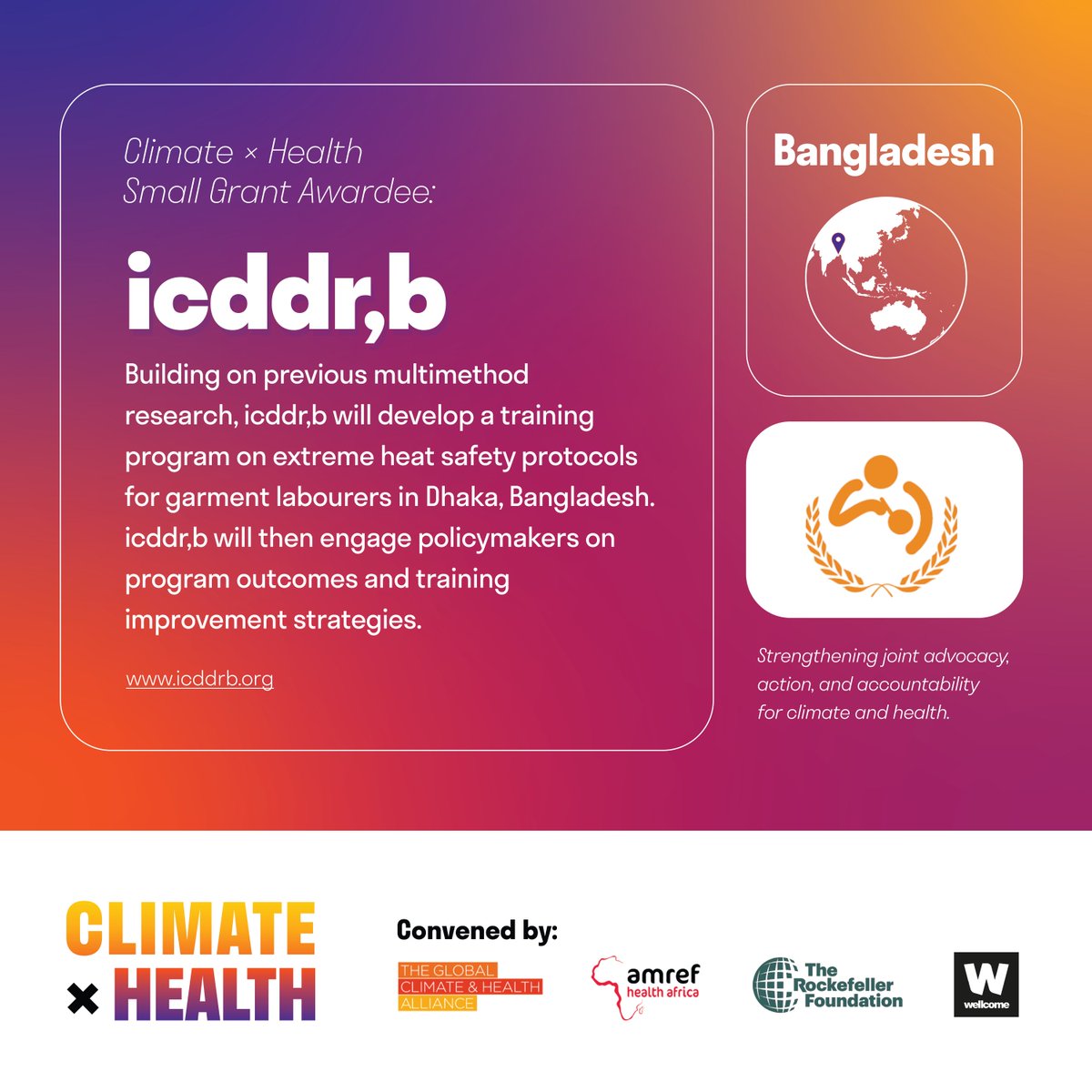 .@icddr_b has been selected to receive a Climate x Health small grant for their work developing evidence-based trainings to improve labor conditions in extreme heat. Learn more about their project here: climatexhealth.org/small-grants