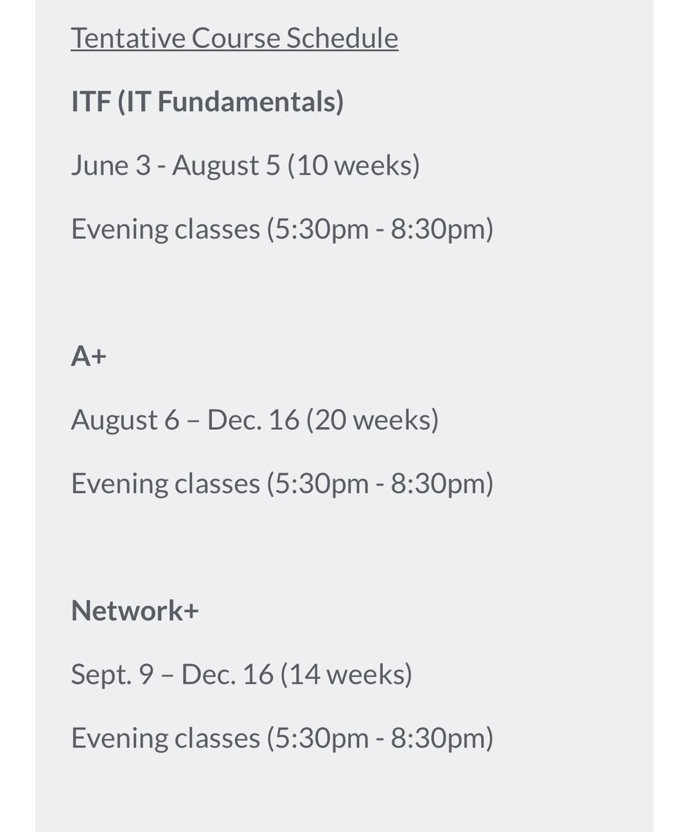 For anyone interested in learning CompTIA IT Fundamentals, A+, or Network+ for 🆓 all courses come with exam prep and one exam voucher.

kccjobcorps.formstack.com/forms/comptia_…