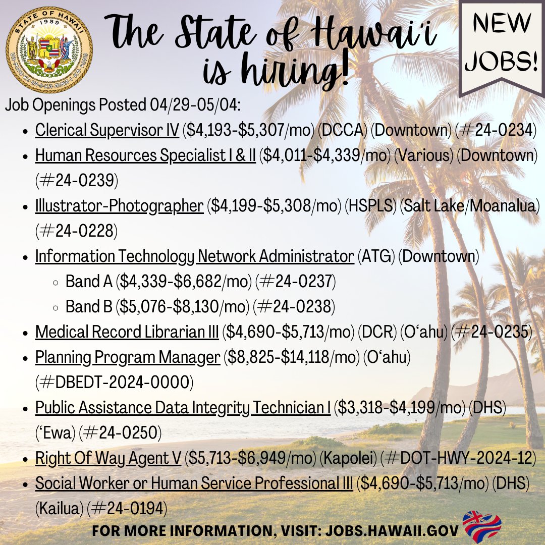 The State of Hawai'i is #hiring on O'ahu. Please visit jobs.hawaii.gov for more information. @dccahawaii @hsplshigov @atghigov @hawaiidcr @dothawaii
#hawaiiishiring #stateofhawaii #statejobs #oahujobs #jobopenings #recruitment #civilservice #publicservice