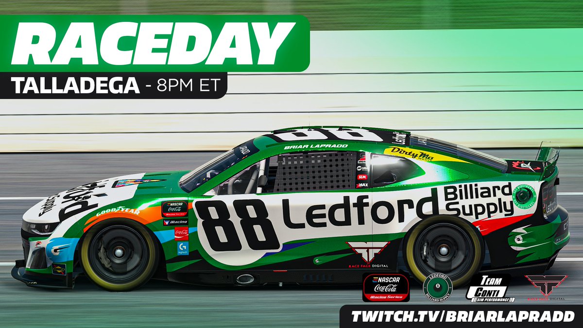 TALLADEGA RACEDAY IN @ENASCARGG ‼️ Going into this race 11th in standings, so we're just looking to maintain or gain on the top 10. Using lessons learned from Mooncar to try and get a W tonight! @LBilliardSupply @RaceFaceDigital @JRMotorsports @TeamContigg