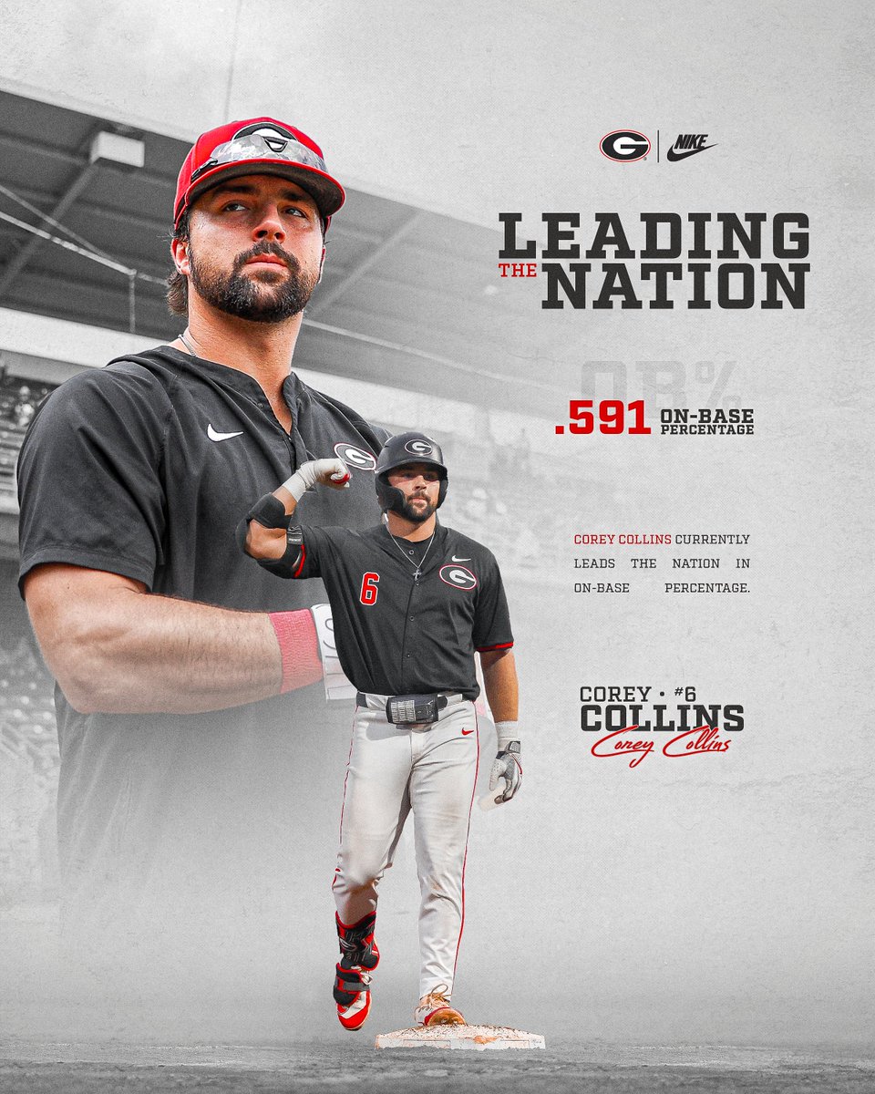 𝐒𝐞𝐞 𝐲𝐨𝐮 𝐚𝐭 𝐟𝐢𝐫𝐬𝐭, @CoreyGJ6 Collins leads the nation in on-base percentage, boasting a .591 figure. #GoDawgs