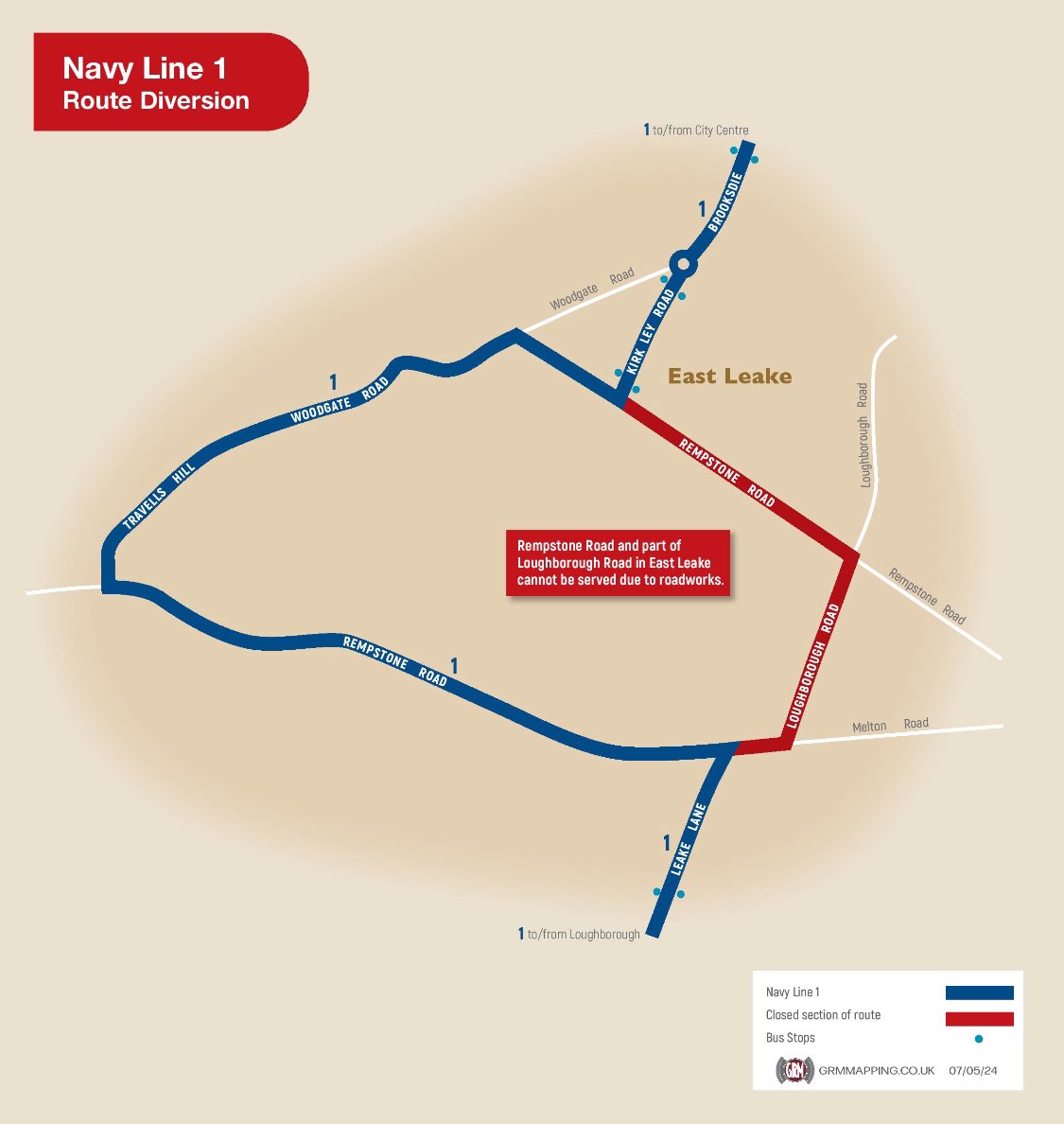 Loughborough Road in East Leake will be closed for works from 13th May-22nd May from 07:30-16:00 each day. South Notts 1 will divert in both ways via Woodgate Rd, Travell’s Hill & Melton Rd. Stops missed are; Elizabeth Drive, Rempstone Road & Melton Road nctx.co.uk/service-updates