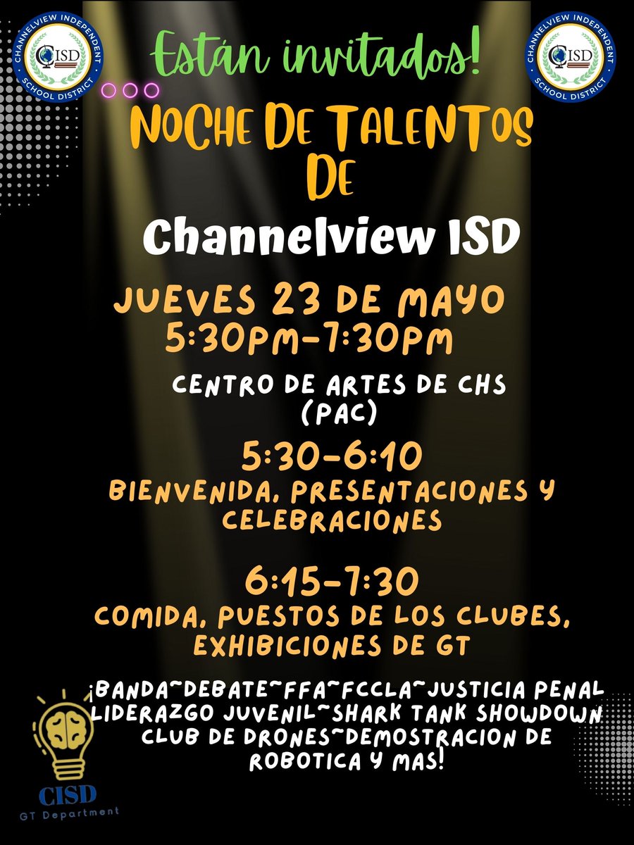 🌟 Join us for an evening of brilliance and creativity at our Gifted & Talented Showcase! 🎨✨ 🗓 Thursday, May 23rd 🕠 5:30-7:30 p.m. 📍@ChannelviewHS PERFORMING ARTS CENTER Come witness the extraordinary talents of our students and celebrate their achievements with us!