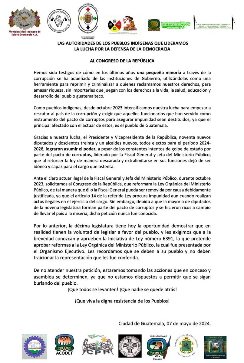 Autoridades indígenas solicitan al @CongresoGuate que conozcan en brevedad la iniciativa de ley 6391 que busca modificar el artículo 14 de la ley orgánica del @MPguatemala . 'No estamos dispuestos a permitir que sigan burlando al pueblo', advierten. @Guatevision_tv @prensa_libre