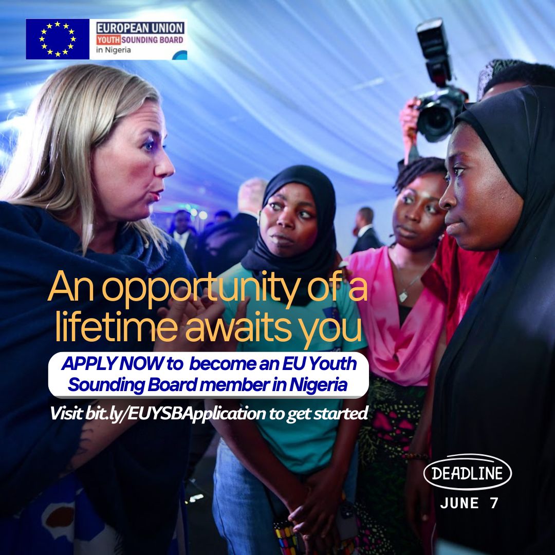 An opportunity of a lifetime awaits you! Apply now to become an EU Youth Sounding Board member in Nigeria! 👉🔗 bit.ly/EUYSBApplicati… ✔️ Have a say in EU’s programmes & policies for the Nigerian youth ✔️ Connect with youth across the world ✔️ Build capacity & more.
