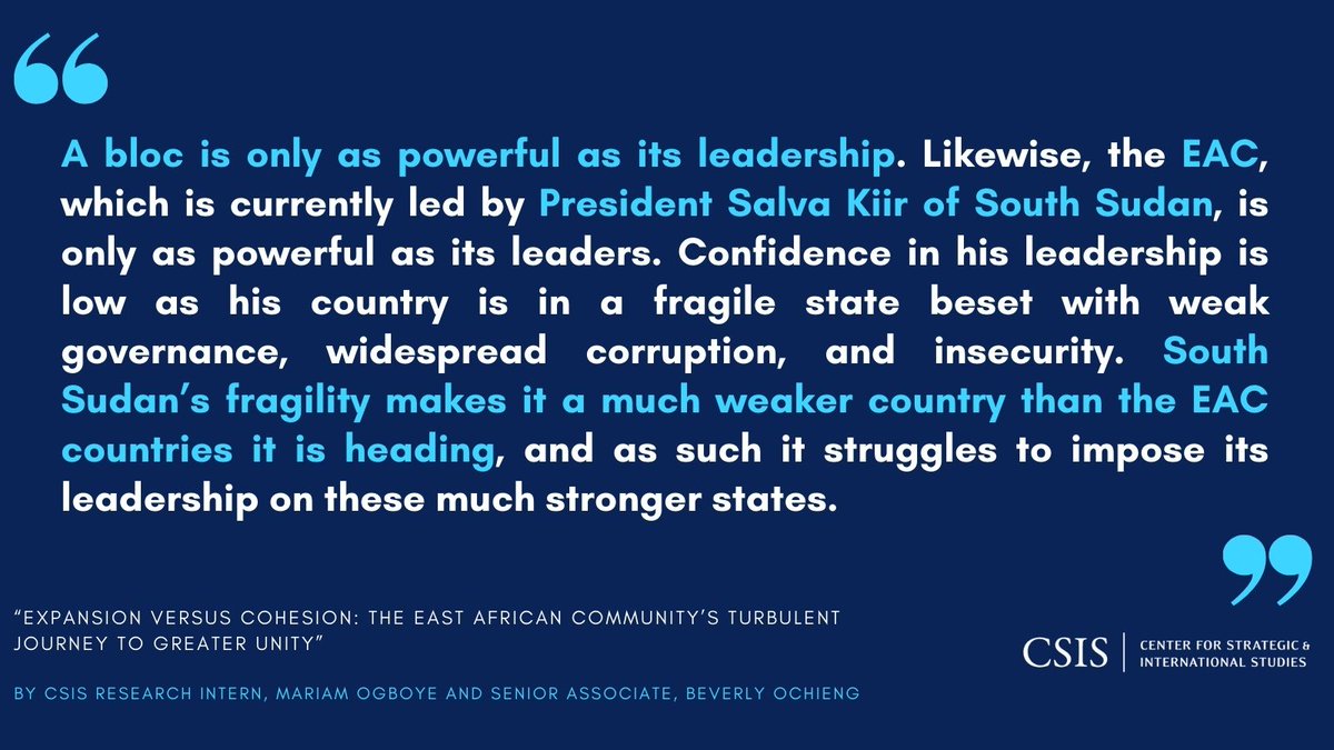 New Commentary from @CSIS Research Intern @MariamAOgboye and Senior Associate @BeverlyOchieng on ' Expansion versus Cohesion: The East African Community’s Turbulent Journey to Greater Unity' Read full commentary here: bit.ly/4dsTmMK