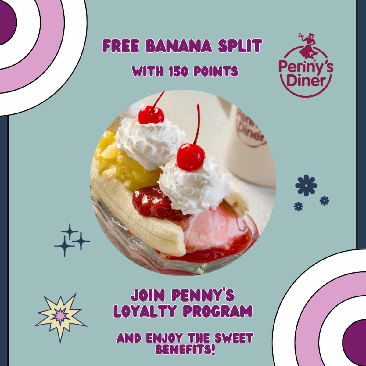 Isn't it about time you got your just #desserts? Well, now you can when you join our #LoyaltyProgram! Earn two points for every dollar you spend at Penny's Diner Vaughn and redeem your points for sweet rewards, like a free #bananasplit!