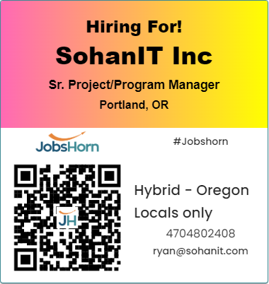 🌟JOB ALERT 🌟
Apply Here :jobshorn.com/jobs/sr-projec…
🔥 Job Title : #Sr. Project/Program Manager 
📍 Location : #Portland, Oregon (Hybrid)
⏳ Duration : 6 Months
📝 Job type : C2C,W2,1099 
🎓 Experience : 10 years

#jobshorn #futureofwork #startup #recruitment #talent #work #hiring