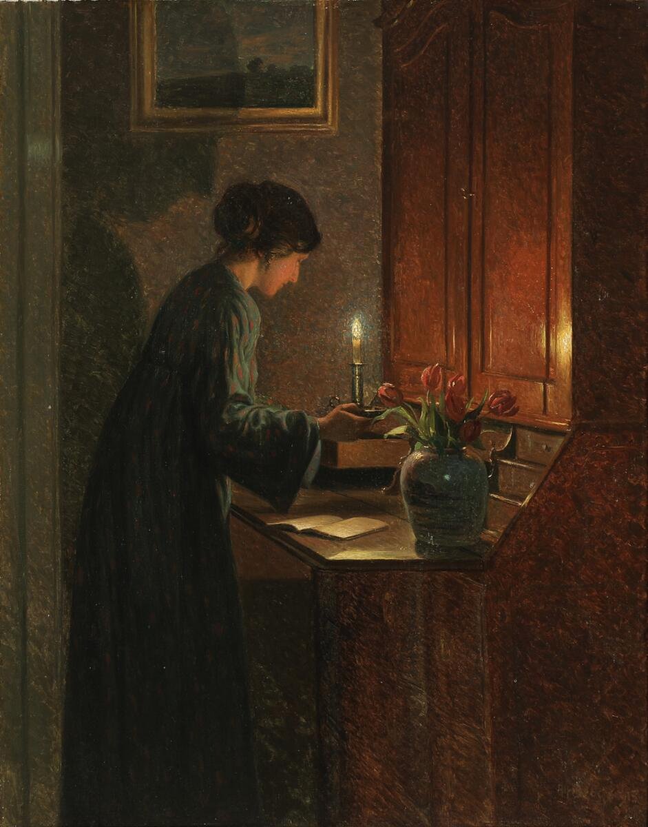 🎨Alfred Broge (1870 - 1955) Interior with a woman by candlelight, 1915