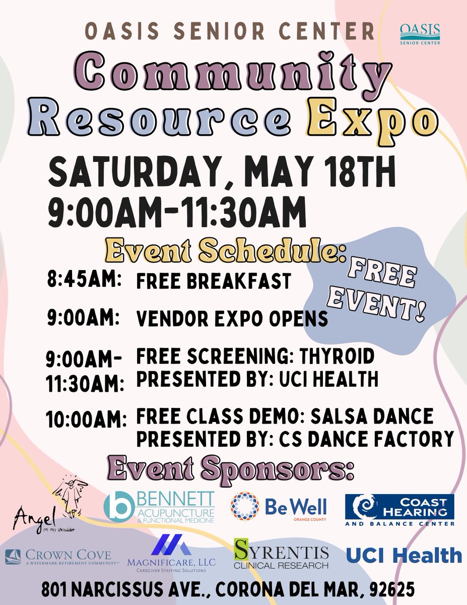 Exciting news! We're sponsoring the 2024 OASIS Community Resource Expo on May 18th in Corona Del Mar. Stop by our booth at 801 Narcissus Ave. from 9:00 a.m. to 11:30 a.m. Let's connect and make a difference together! #CommunityExpo #ResourceExpo #SyrentisClinicalResearch