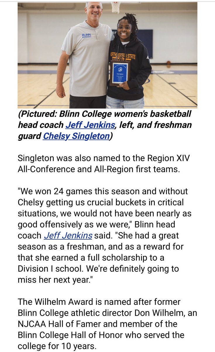 Thank you <a href="/BlinnWbb/">Blinn Women’s Basketball</a> for the Don Wilhelm MVP Award. I am thankful to have this program as apart of my journey!