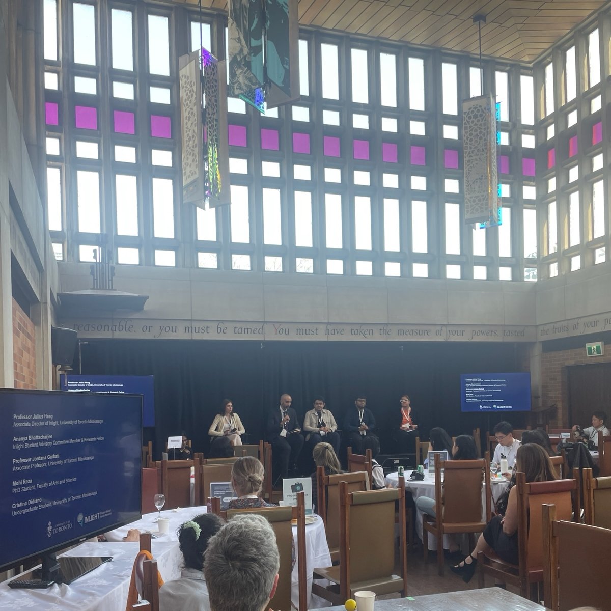 Our final panel at #Inlight2024 is on Fostering Compassionate Learning Environments, exploring how classroom spaces can be leveraged to support postsecondary #studentmentalhealth. Student + faculty panelists discuss their research on AI, pedagogy, &amp; student wellbeing at #UofT