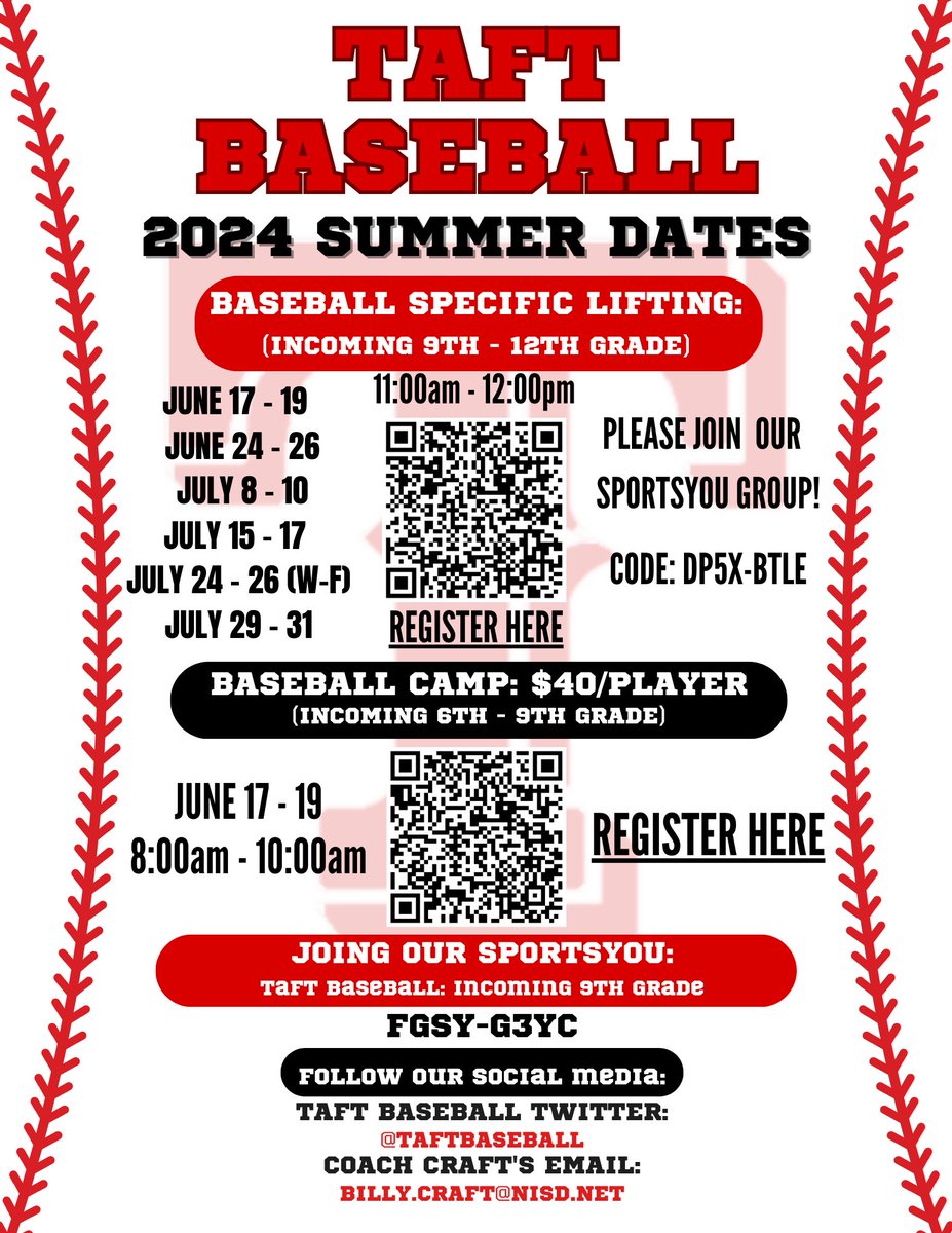Taft Baseball Summer Camp and Lifting Information! Sign-Up Now!!!!!! Taft Baseball Summer Camp Registration form: forms.gle/YAXQPrFNknhXSk… Summer Lifting Program Sign-Up form: forms.gle/WfKSrQJErwfKVc… Summer Lifting SportsYou code: DP5X-BTLE