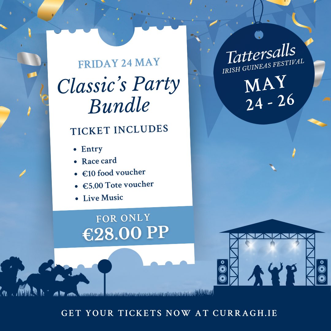 Get ready to dance & sing at the ultimate classic’s party on Fri, May 24 🕺🏻💃🏽🪩 Experience heart-pounding racing & groove to the sounds of classic tribute acts like Shania Twain, Rod Stewart, George Michael, and Joe Dolan! 🏇🏻✨🎤 Purchase a Bundle Ticket for just €28!!