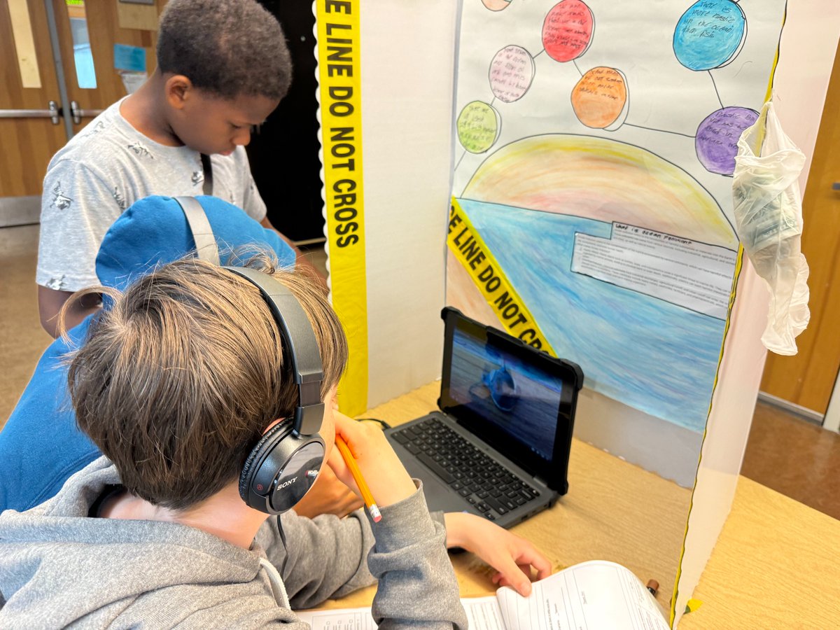 6th graders hosted a Conservation Con for the school + guests from @TMMC. Each team presented research about how pollution impacts oceans, using creative elements like an elaborate board game, an interactive video game, and a stop-motion animation film!