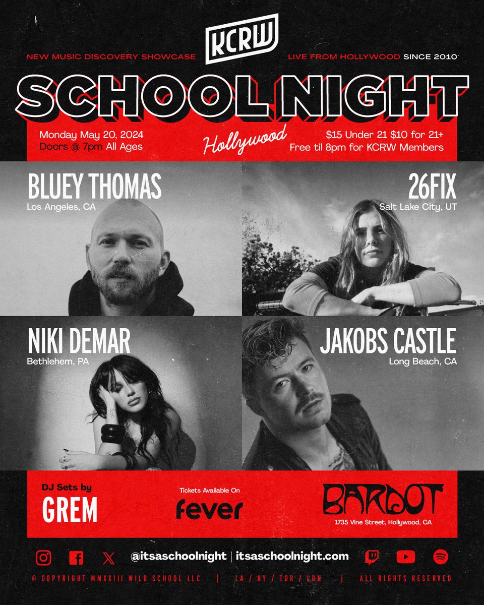 School Night (@itsaschoolnight) on Twitter photo LA, join us Monday, May 20th for our season finale before our summer break! We’ll have live performances from BLUEY THOMAS, 26fix, <a href="/nikidemar/">NIKI DEMAR</a>, and <a href="/jakobscastle/">Jakob Nowell</a> ☀️ Grab your tix here: feverup.com/m/150071 LA, join us Monday, May 20th for our season finale before our summer break! We’ll have live performances from BLUEY THOMAS, 26fix, <a href="/nikidemar/">NIKI DEMAR</a>, and <a href="/jakobscastle/">Jakob Nowell</a> ☀️ Grab your tix here: feverup.com/m/150071