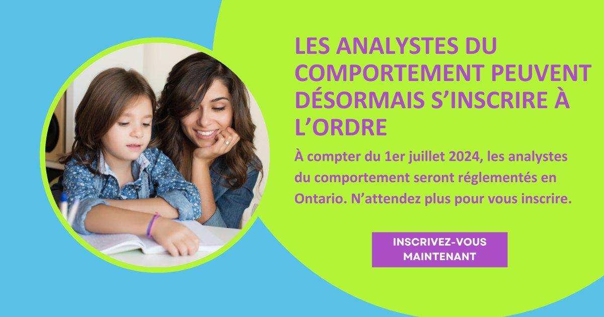 L’inscription est ouverte aux analystes du comportement exerçant en Ontario. À partir du 1er juillet 2024, vous devrez vous inscrire à l’Ordre pour continuer à exercer en tant qu’analyste du comportement. cpo.on.ca/fr/aca/aca-inf…