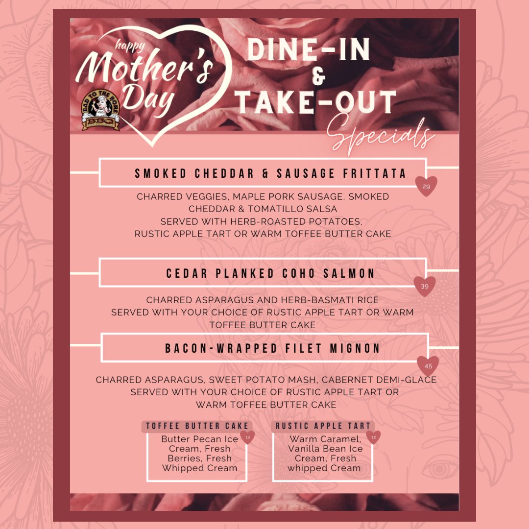🌷🔥 Spoil Mom this Mother’s Day with our special BBQ feasts! 🍽️✨
👩‍🍳 Dine-in or take-out chef specials
📍 Tag Mom to give her a peek at the feast!
#MothersDay #BBQFeast #BadToTheBoneBBQ #CelebrateMom