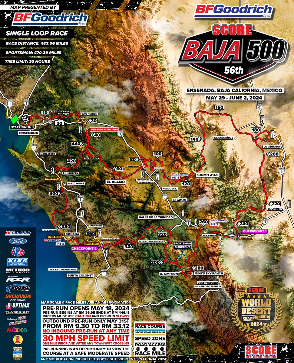 Behold the BFGoodrich Tires 56th SCORE BAJA 500 race course map! 200+ teams will return to Ensenada to fight for their claim to call themselves a World Desert Champion. #scoreinternational #worlddesertchampionship #baja500 #bajacalifornia