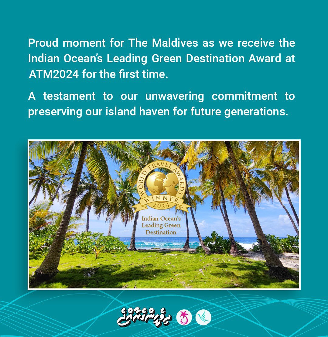 Proud moment for The Maldives as we receive the Indian Ocean’s Leading Green Destination Award at #ATM2024 for the first time ever.
A testament to our unwavering commitment to preserving our island haven for future generations. 🌍💚

#DhiveheengeRaajje #VisitMaldives #ATMDubai