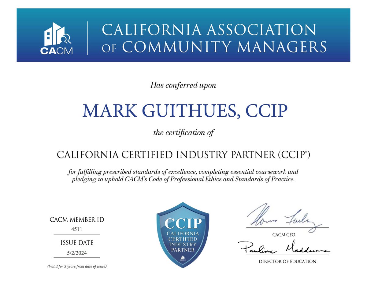 Mark Guithues, Esq.  completed his California Certified Industry Partner  certification. Help us congratulate Mark on this big achievement! #CCIP #CACM #CaliforniaCertified #industrypartner
