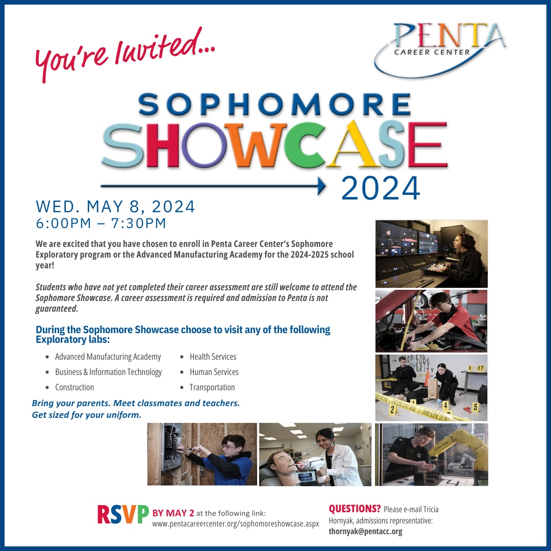 Excited for the Sophomore Showcase on May 8th! 🎉 Whether you're enrolled in Penta's Sophomore Exploratory program or the Advanced Manufacturing Academy for 2024-2025, join us with your friends and family! 🛠️ See you there! 
#SuccessReady #PentaPride