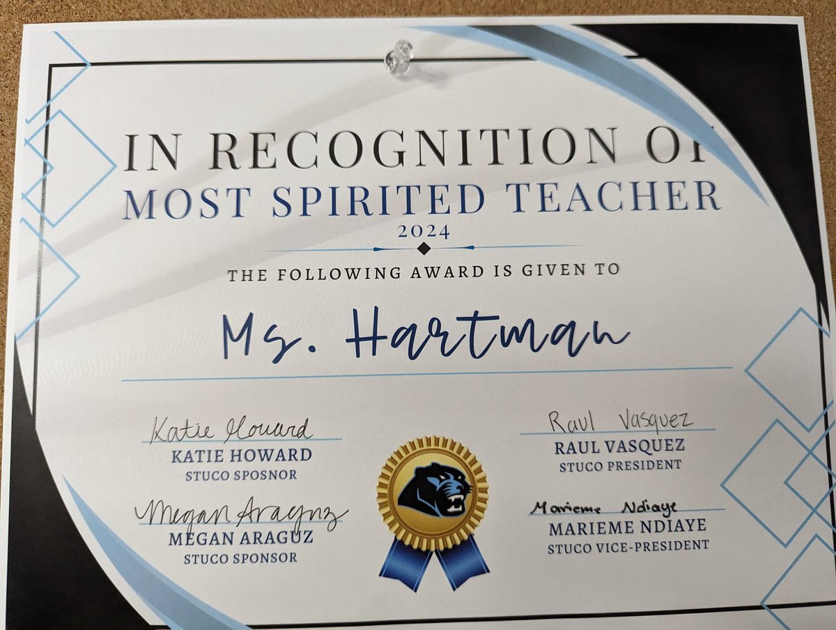 So honored to be voted Most Spirited teacher by my amazing students! I think I'm getting used to this high school gig! #PantherProud @PaetowHS @PaetowStuCo