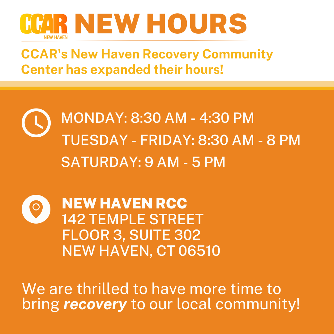 We are so excited to share that last week, CCAR's New Haven Recovery Community Center expanded their hours 🙌 This change will give us more time to bring recovery to our local community! #newhavenct #addictionrecovery #recoverycommunitycenter