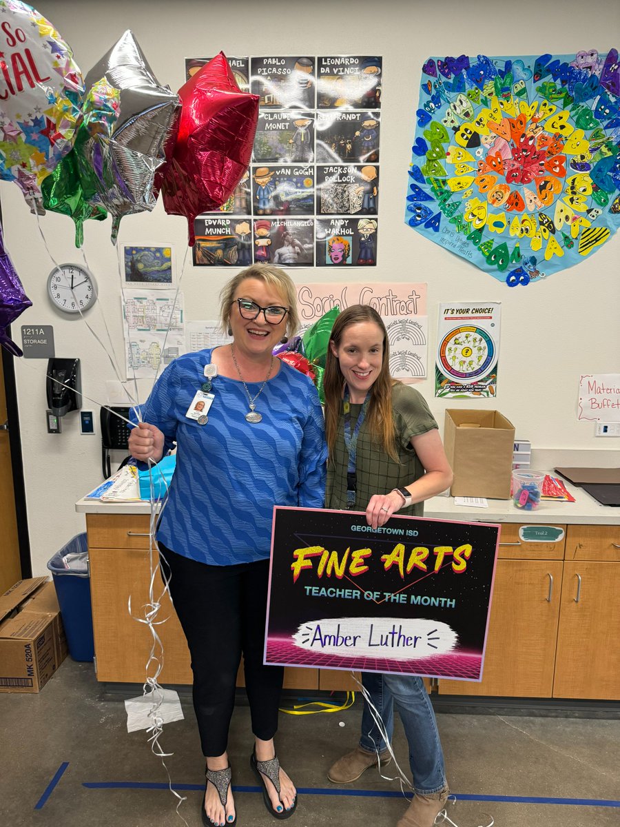 Let's celebrate the GISD Fine Arts Elementary Teachers of the Month at Wolf Ranch Elementary, Jami Moore & Amber Luther. Outstanding teamwork by two amazing art teachers! Watch for more about these two when their students install this year's mural on the square!