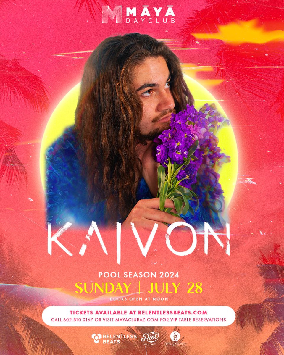 #JustAnnounced- Songs that feel like sunshine are taking over Scottsdale when @KAIVONOFFICIAL makes his Maya debut on 7.28 💜✨ Enter to win a ticket before they go on sale: 1. RT 2. Tag 3 friends + comment ‘ON SALE THURSDAY @ 10 AM’ 3. Follow @RelentlessBeats & @MayaClubAZ