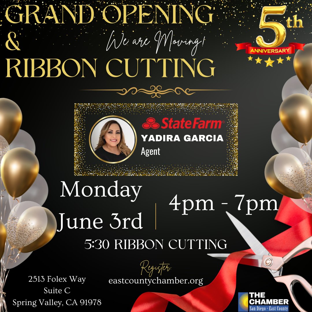 Congrats to #ChamberMember Yadira Garcia with #StateFarm on 5 years! We're celebrating the #GrandOpening of her new office space with a #RibbonCutting - stop by on June 3rd. business.eastcountychamber.org/events/details…