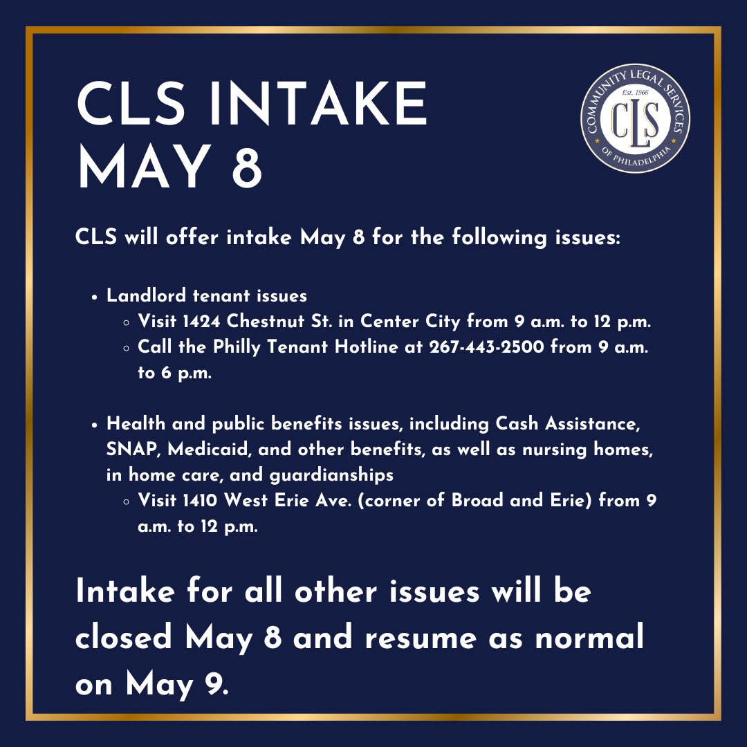 CLS will be offering adjusted intake on Wednesday, May 8, and resuming normal intake on May 9! For a full list of issues CLS can help with, visit clsphila.org/highlights/cls…